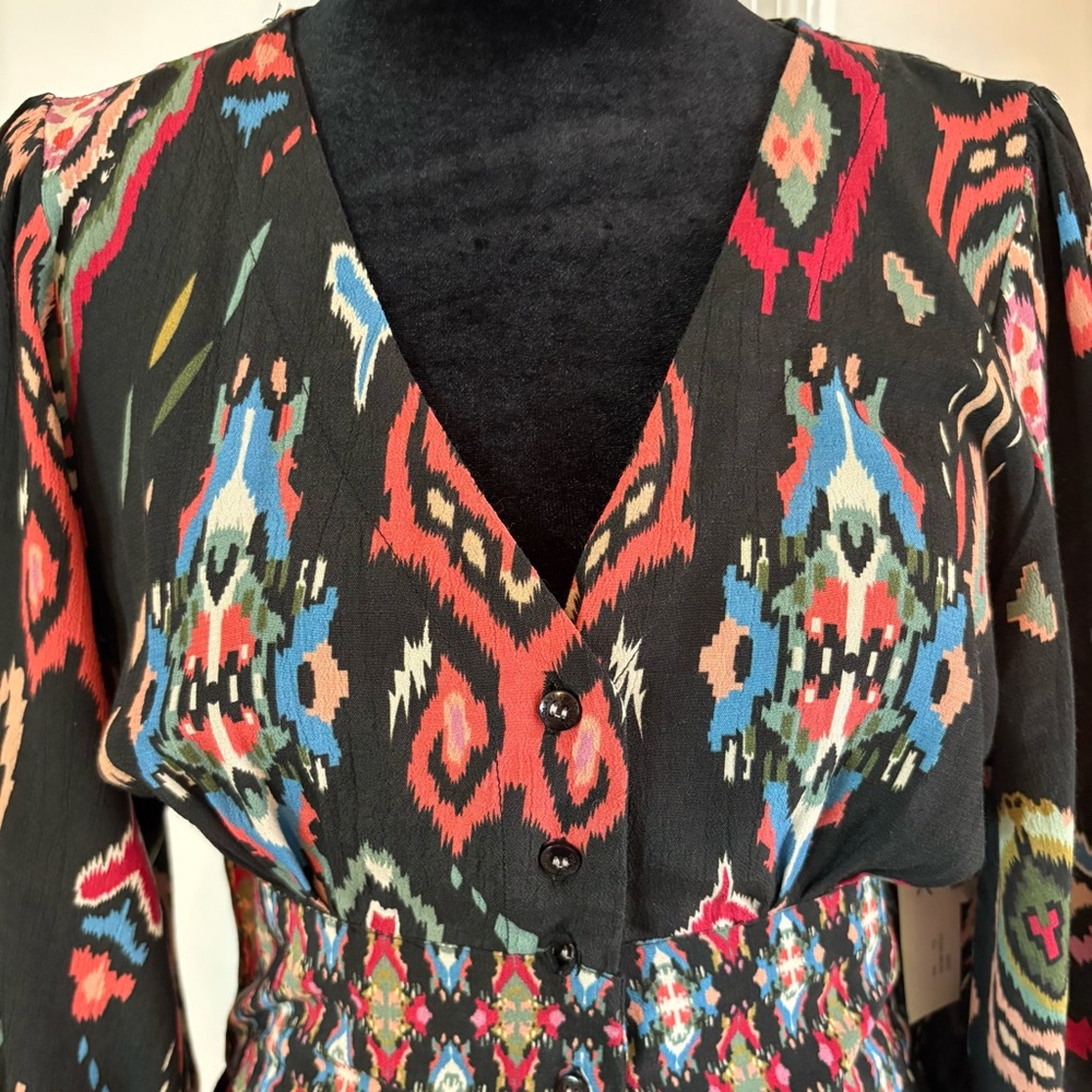 TOLANI Long Black Geometric Tribal Print Asymmetrical Contrast NEW Maxi Dress! - Picture 4 of 16
